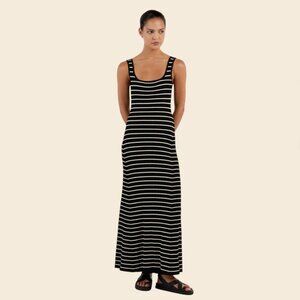 DISSH, Billie Stripe Rib Knit Maxi Dress, Black / Ivory, Size Small